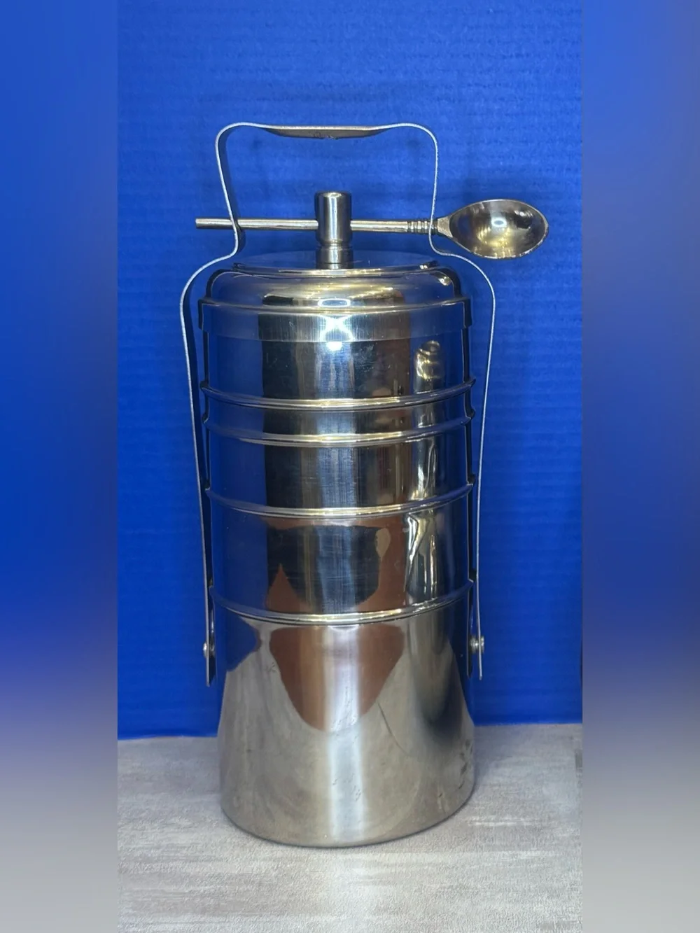 Stainless Steel Tiffin Lunch Carrier with Spoon - Silver 4 tier interlocking